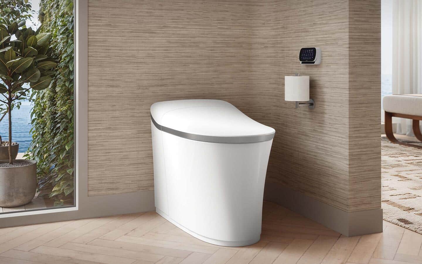 A smart toilet installed in a bathroom.