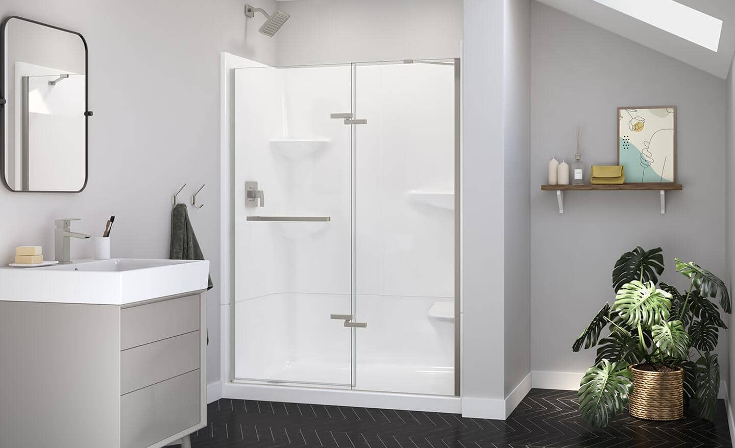 A bathroom with a walk-in shower that has a pivot shower door.