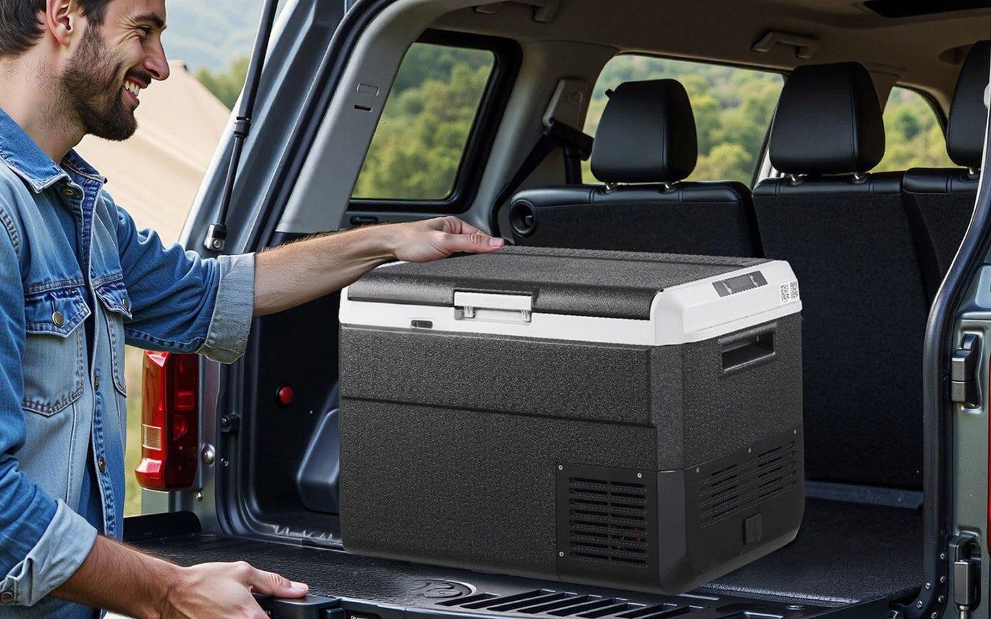 Someone loading a portable freezer into the back of a car.