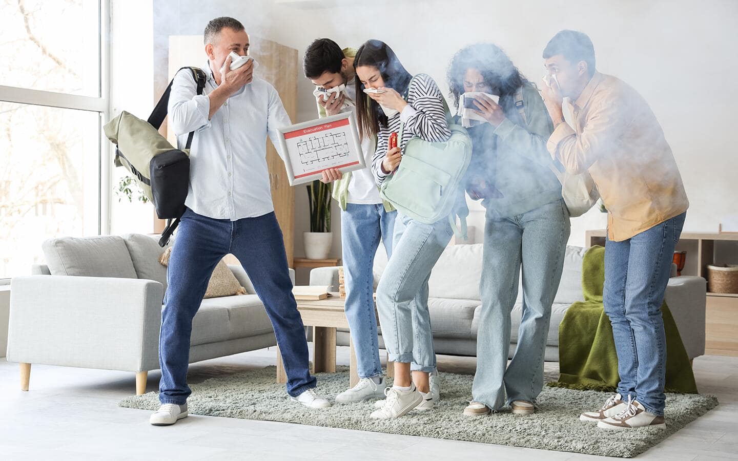 A group of people practice a fire safety drill. A group of people practice a fire safety drill.