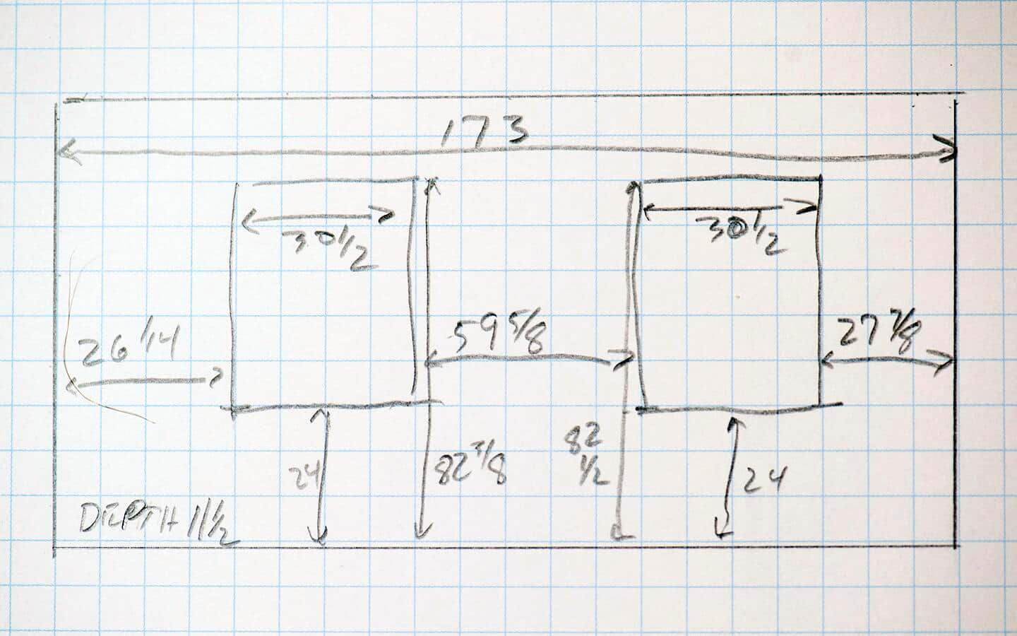 A handwritten diagram of measurements obtained for building a shelving unit.