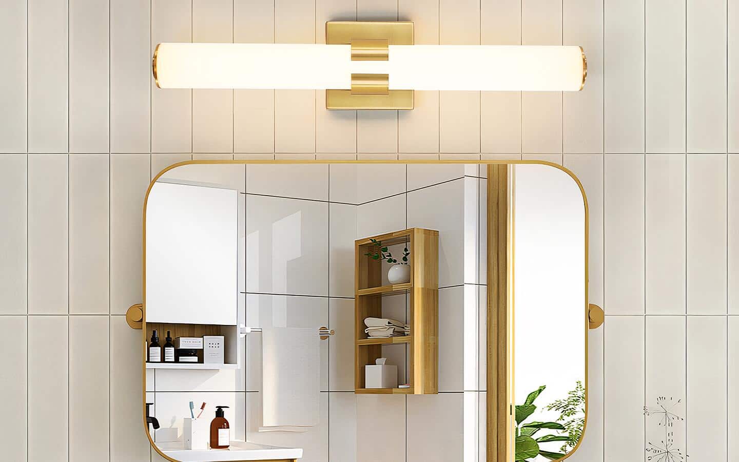 A light gold, dimmable light bar installed above a gold-trimmed mirror. A light gold, dimmable light bar installed above a gold-trimmed mirror.