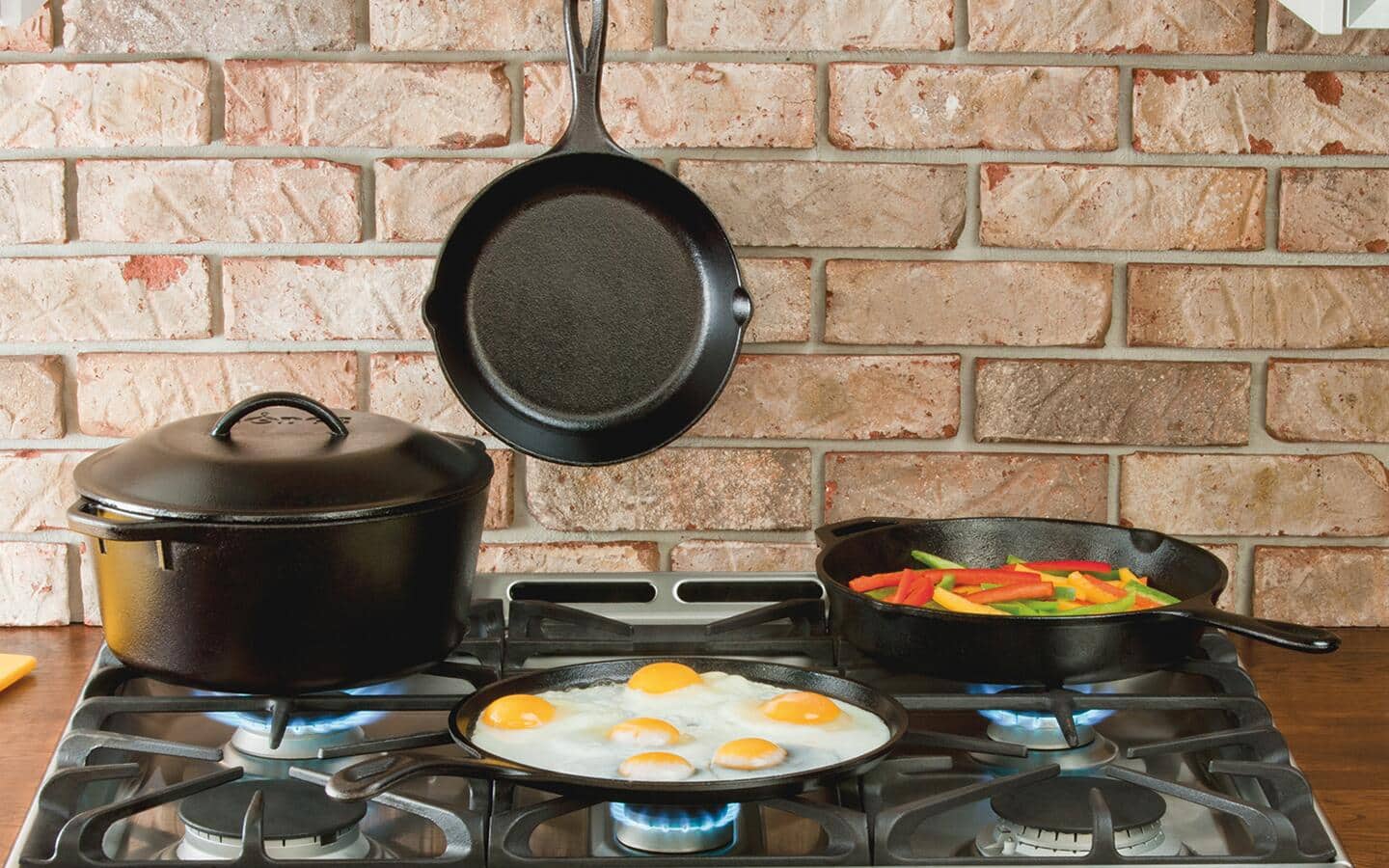 A cast iron skillet hanging on a brick wall above other cast iron cookware.
