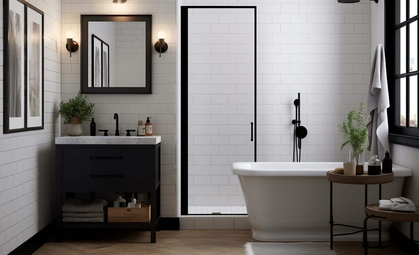 White subway tile and black shower doors installed in a modern bathroom.