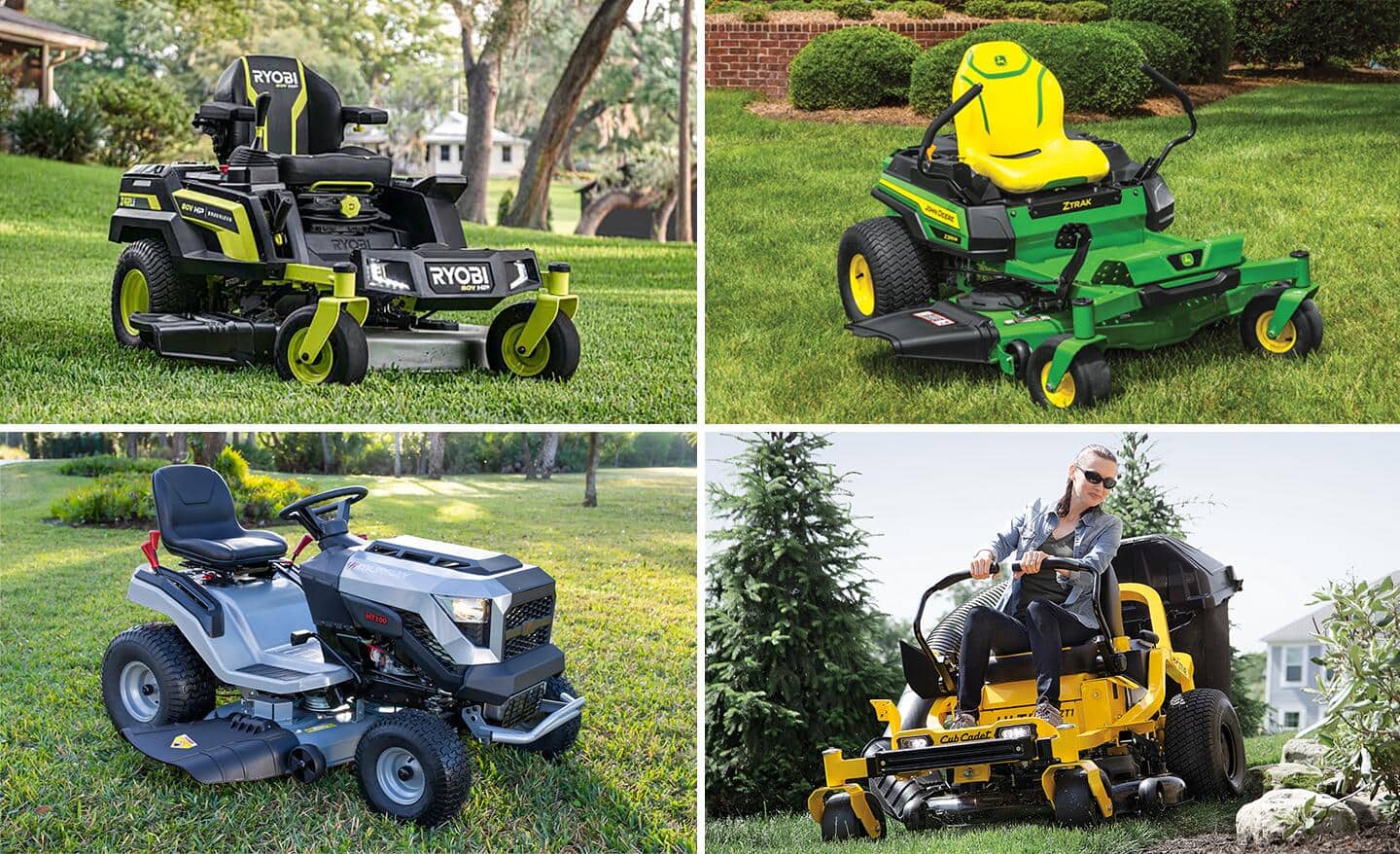 A collage of four different types of riding mowers. 