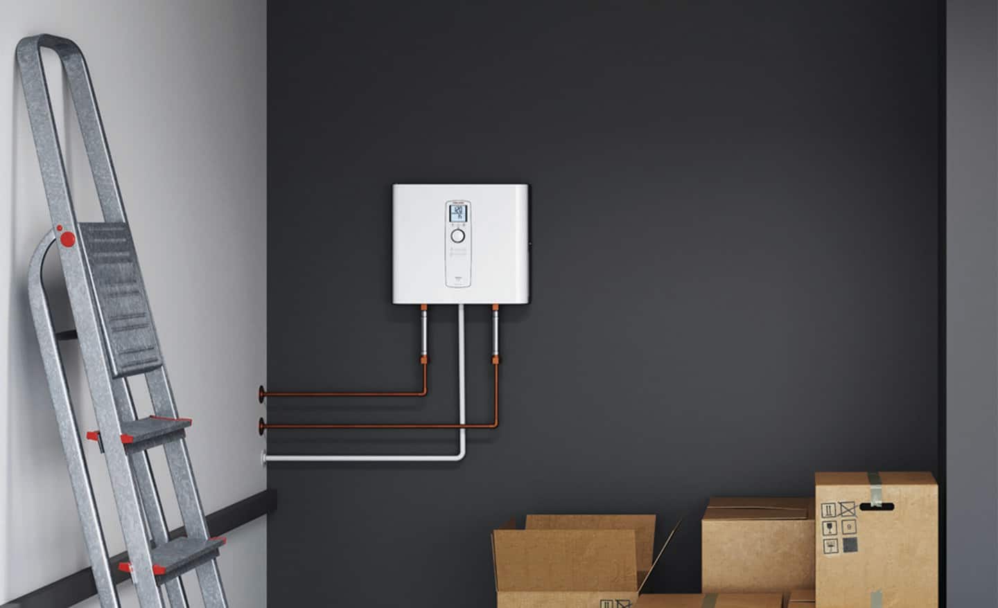 A tankless water heater on a garage wall with a ladder and boxes. 