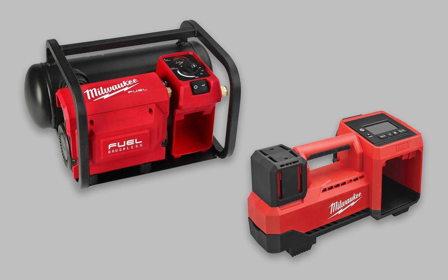 Two battery powered tools, a compressor and a tire inflator. Two battery powered tools, a compressor and a tire inflator.