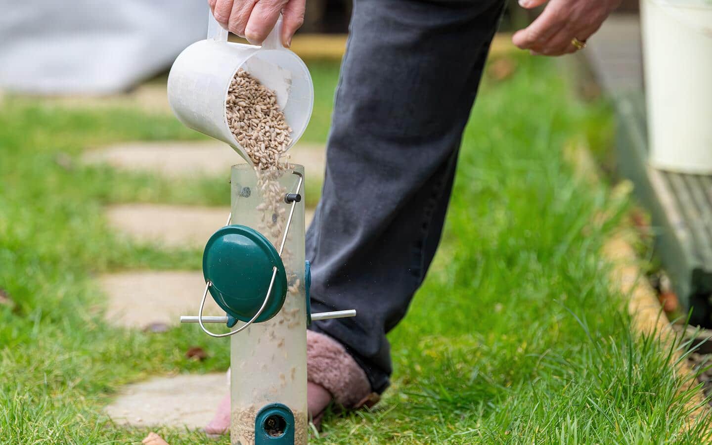 Person fills tube bird feeder with bird seed