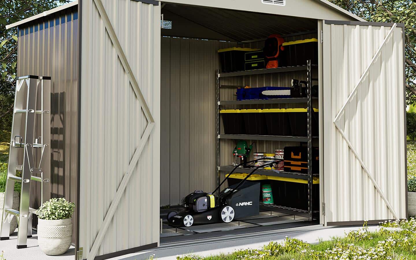 A lawn mower is inside a shed for winter storage. A lawn mower is inside a shed for winter storage.