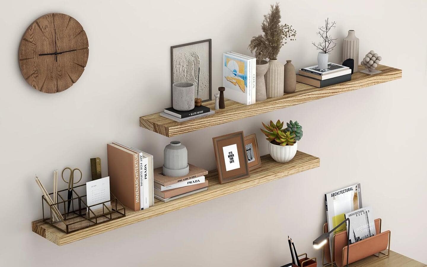 Floating shelves with books, photos and display board Floating shelves with books, photos and display board