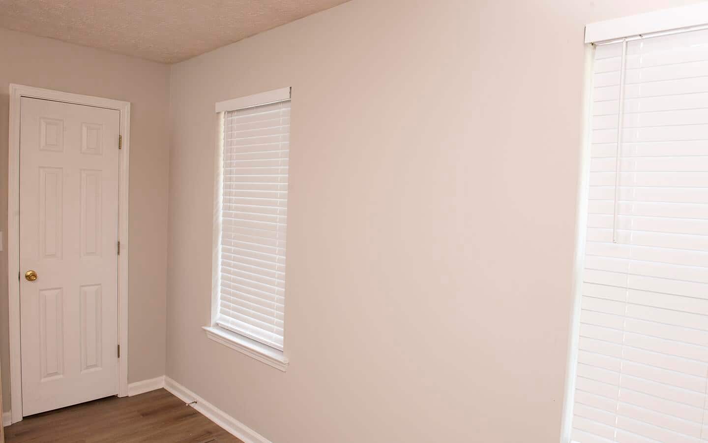 A corner in a room with a closet door to the left and two windows to the right.