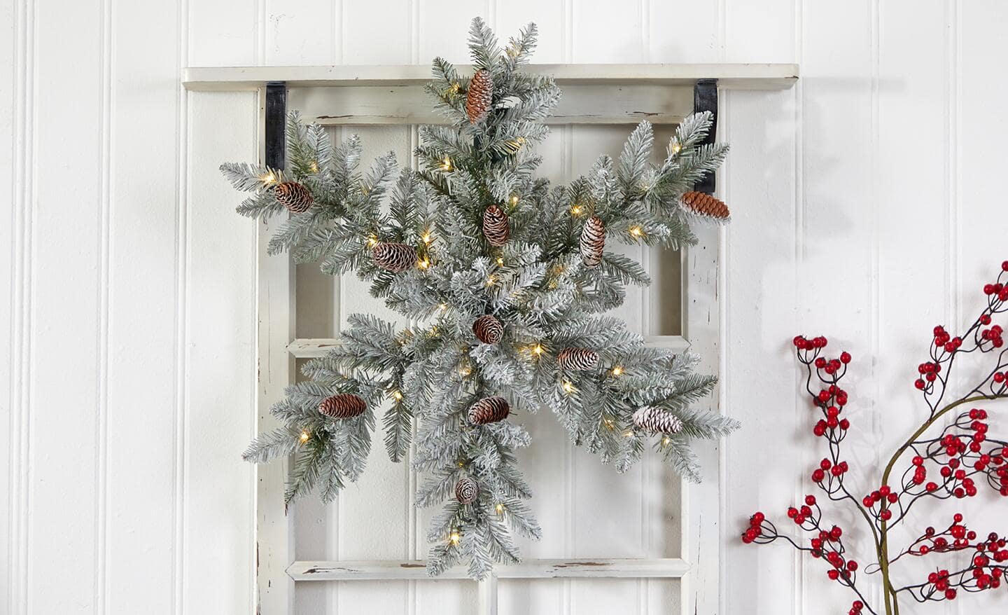 A snowflake wreath on display. A snowflake wreath on display.