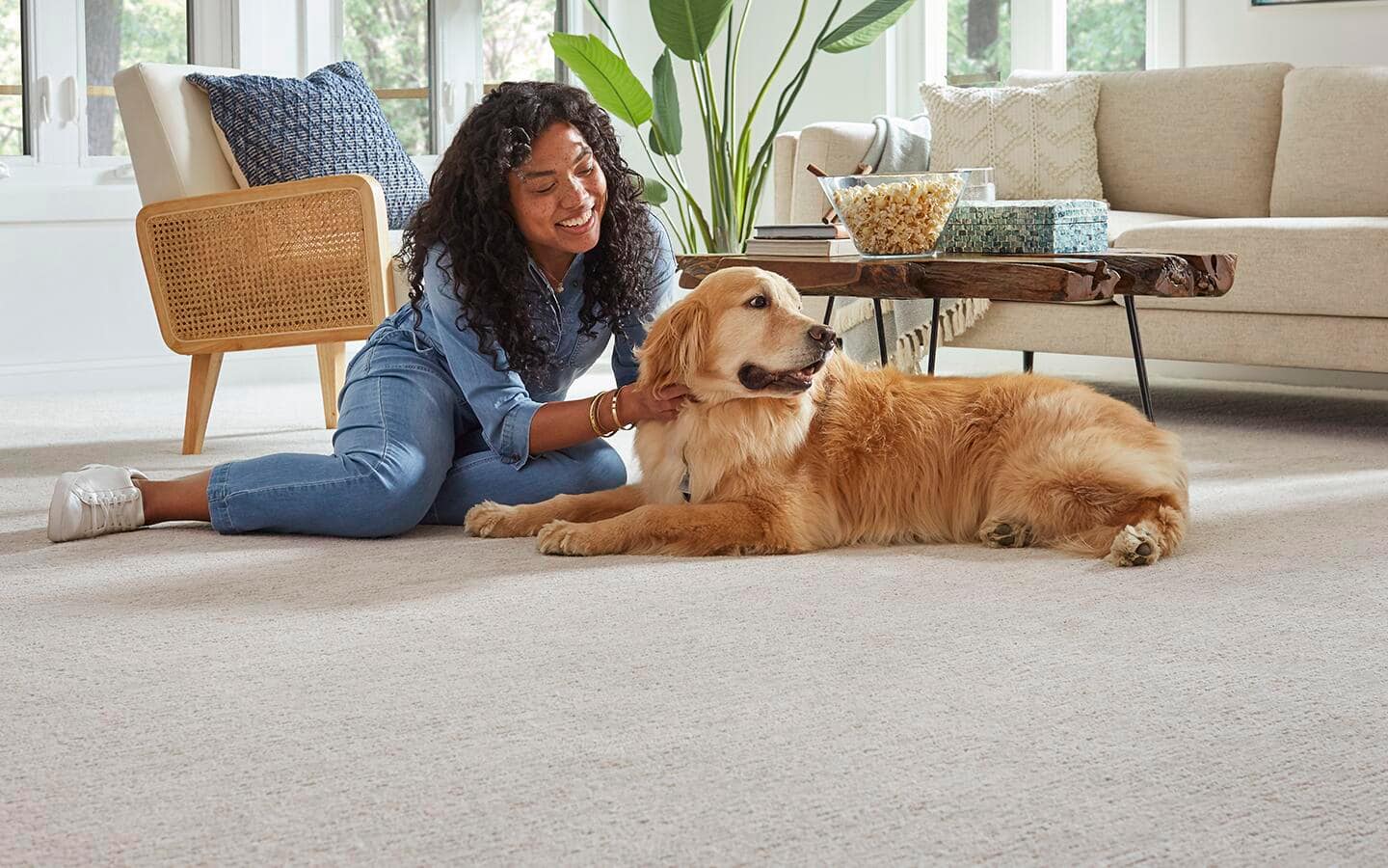 A person petting a tan dog on a white carpet in front of a coffee table.