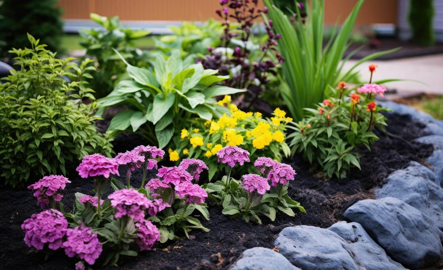 A garden bed with annuals and perennials with a rock border
