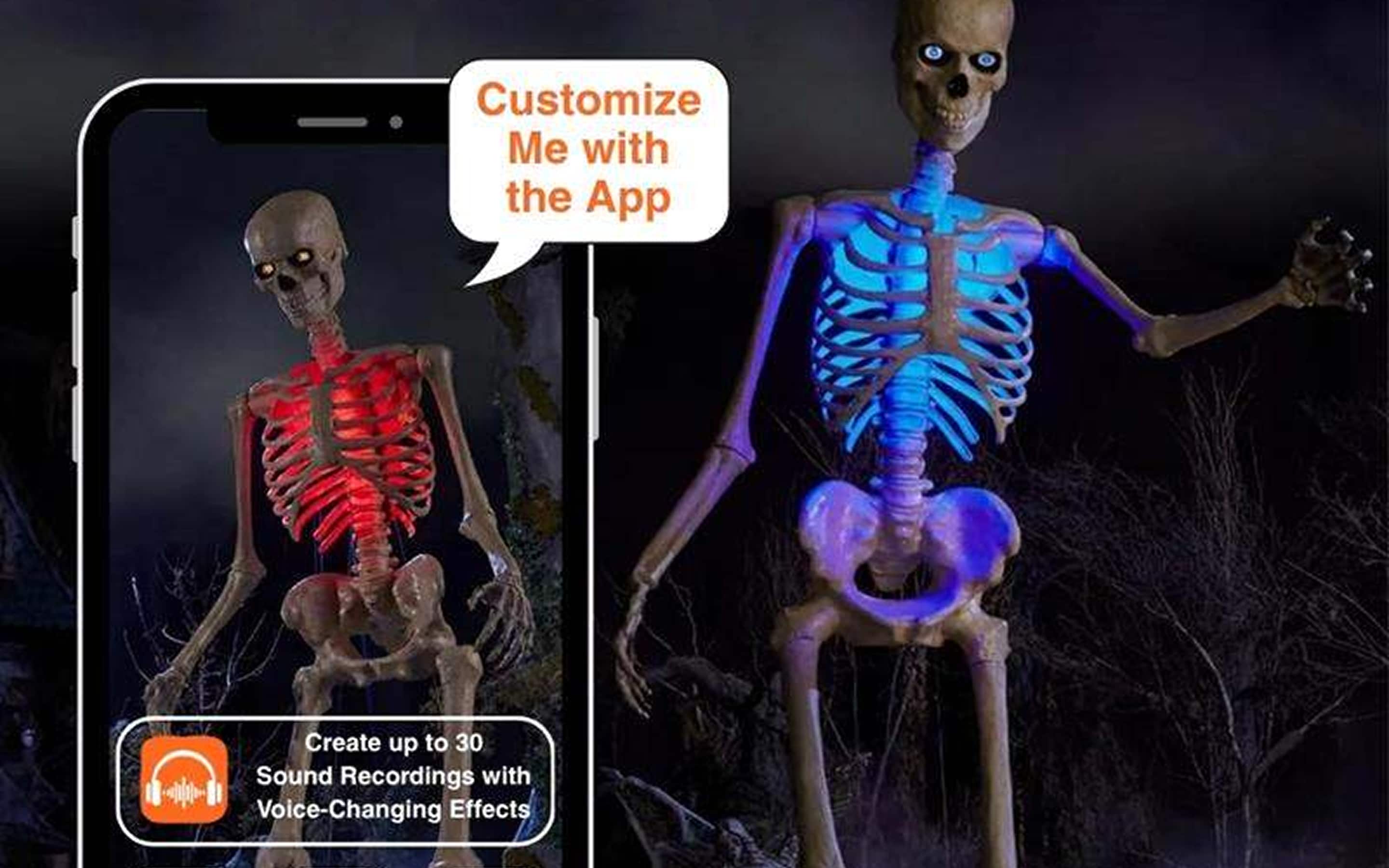 A 12-foot skeleton with a view of the app controller next to it.