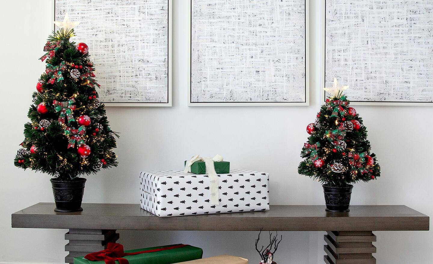 Two tabletop Christmas trees. Two tabletop Christmas trees.