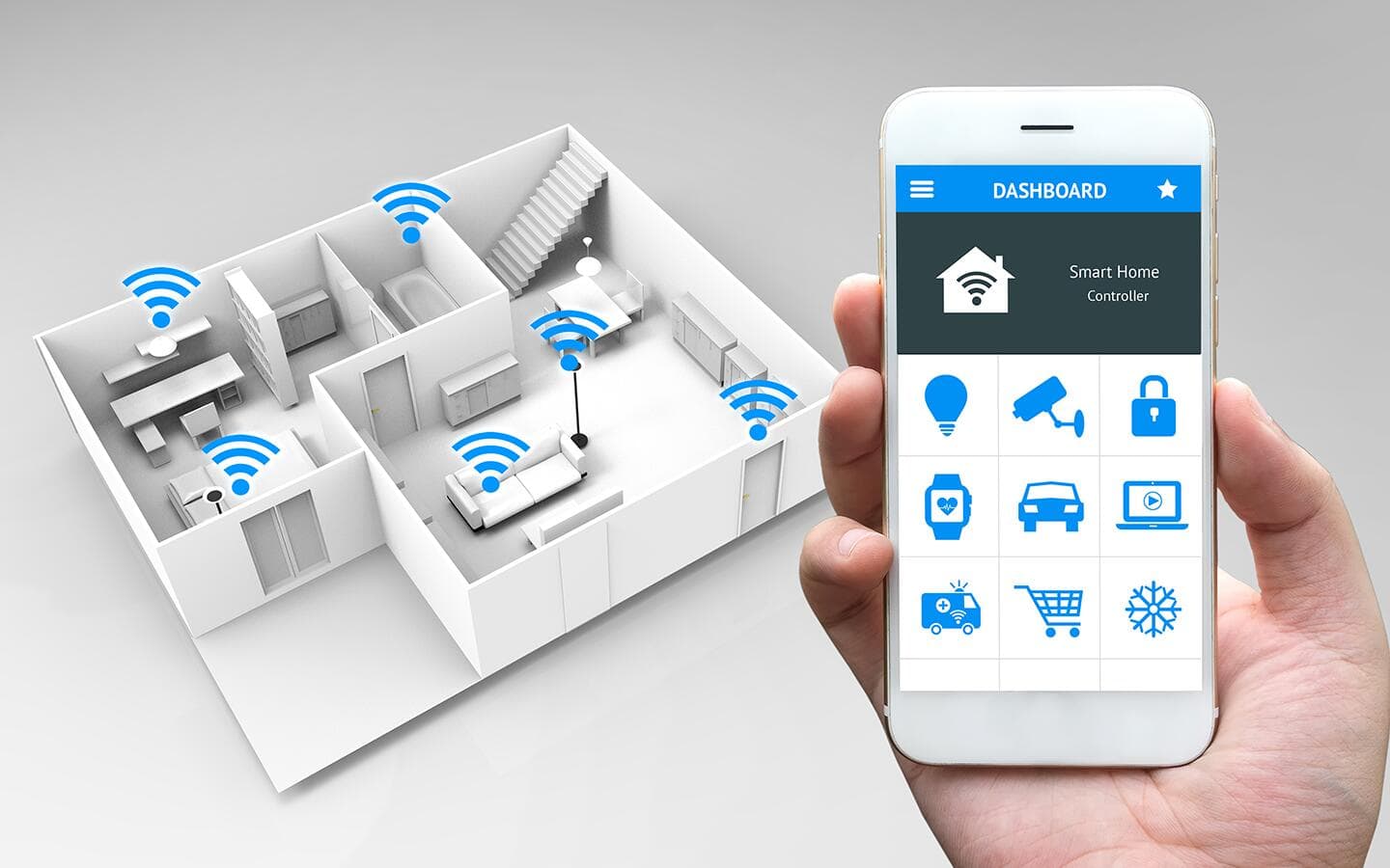 A 3D cutaway of a home and a phone showing a smart home interface.