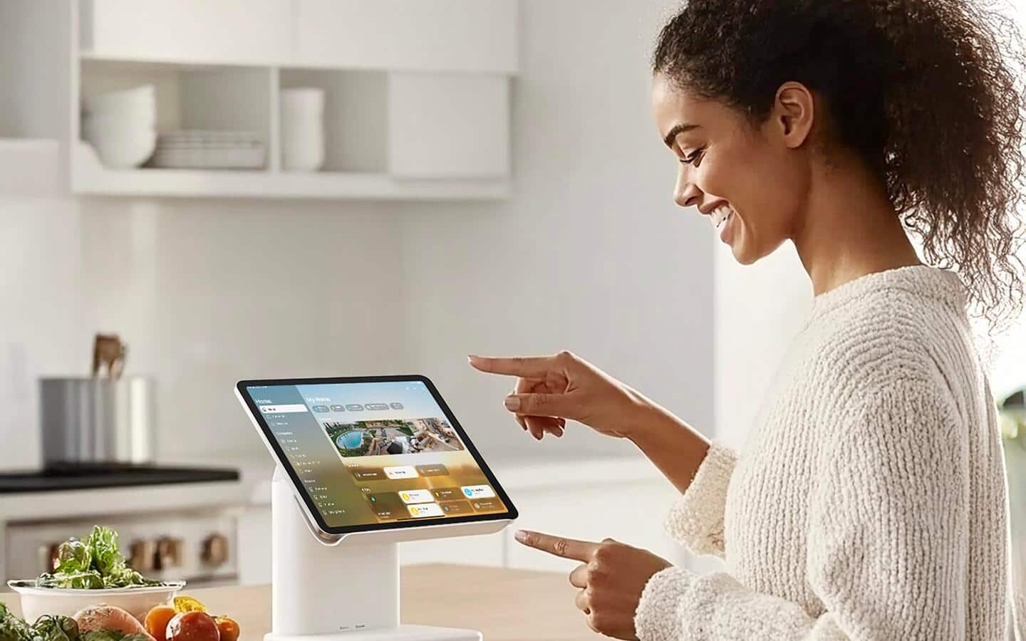Modern living room with smart home devices including a smart speaker, smart lighting, and connected displays