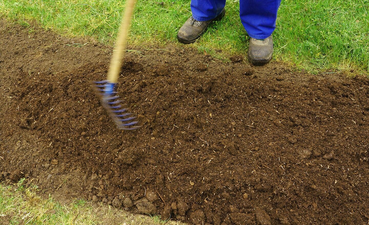 Person raking top soil into lawn