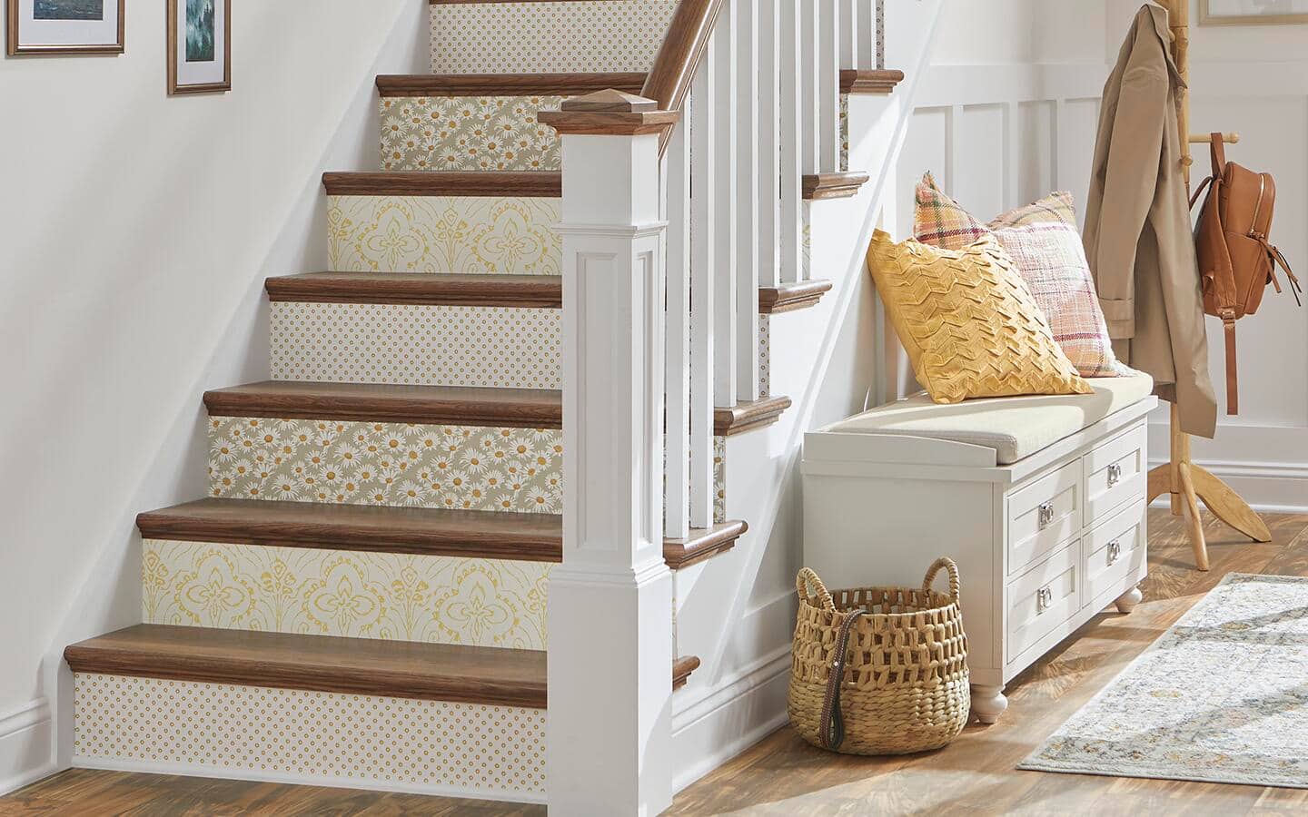 Various peel and stick wallpaper designs decorate the fronts of wooden stairsteps. Various peel and stick wallpaper designs decorate the fronts of wooden stairsteps.