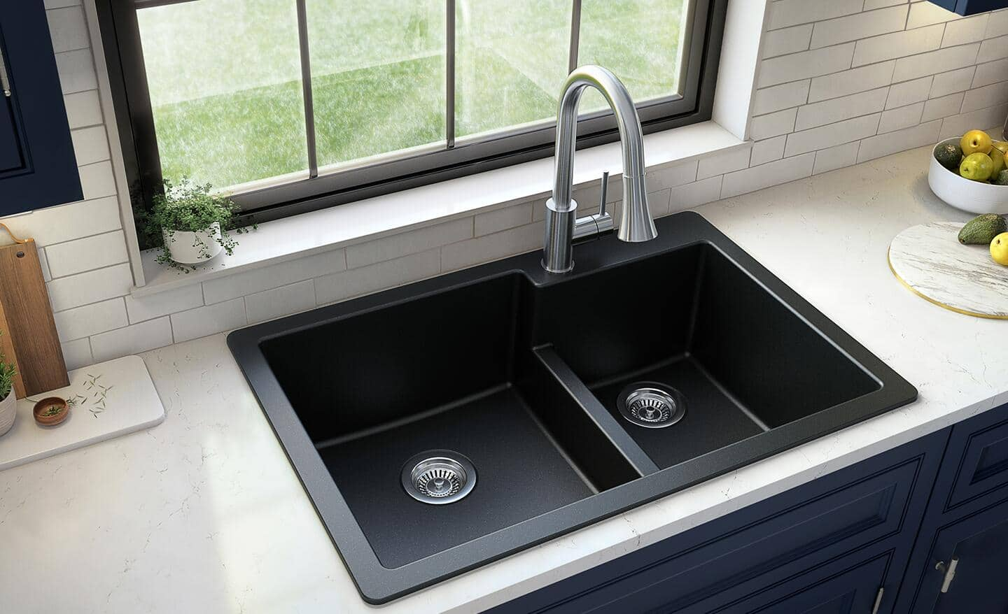 A quartz double-bowl sink in black.