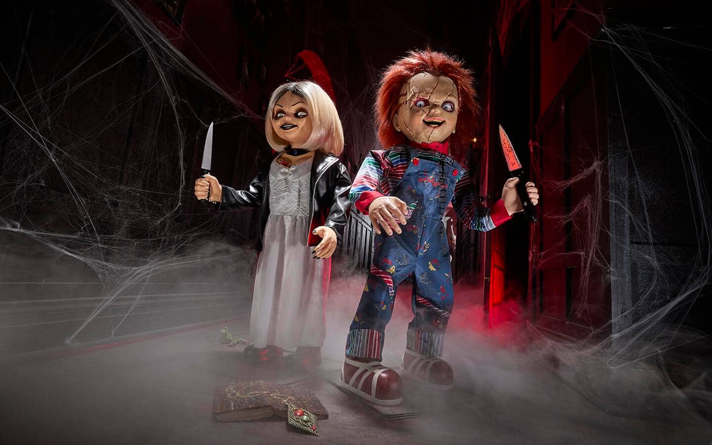 An indoor Halloween scene with popular horror film characters. An indoor Halloween scene with popular horror film characters.