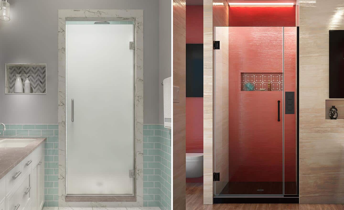 Shower doors featuring frosted and clear glass.