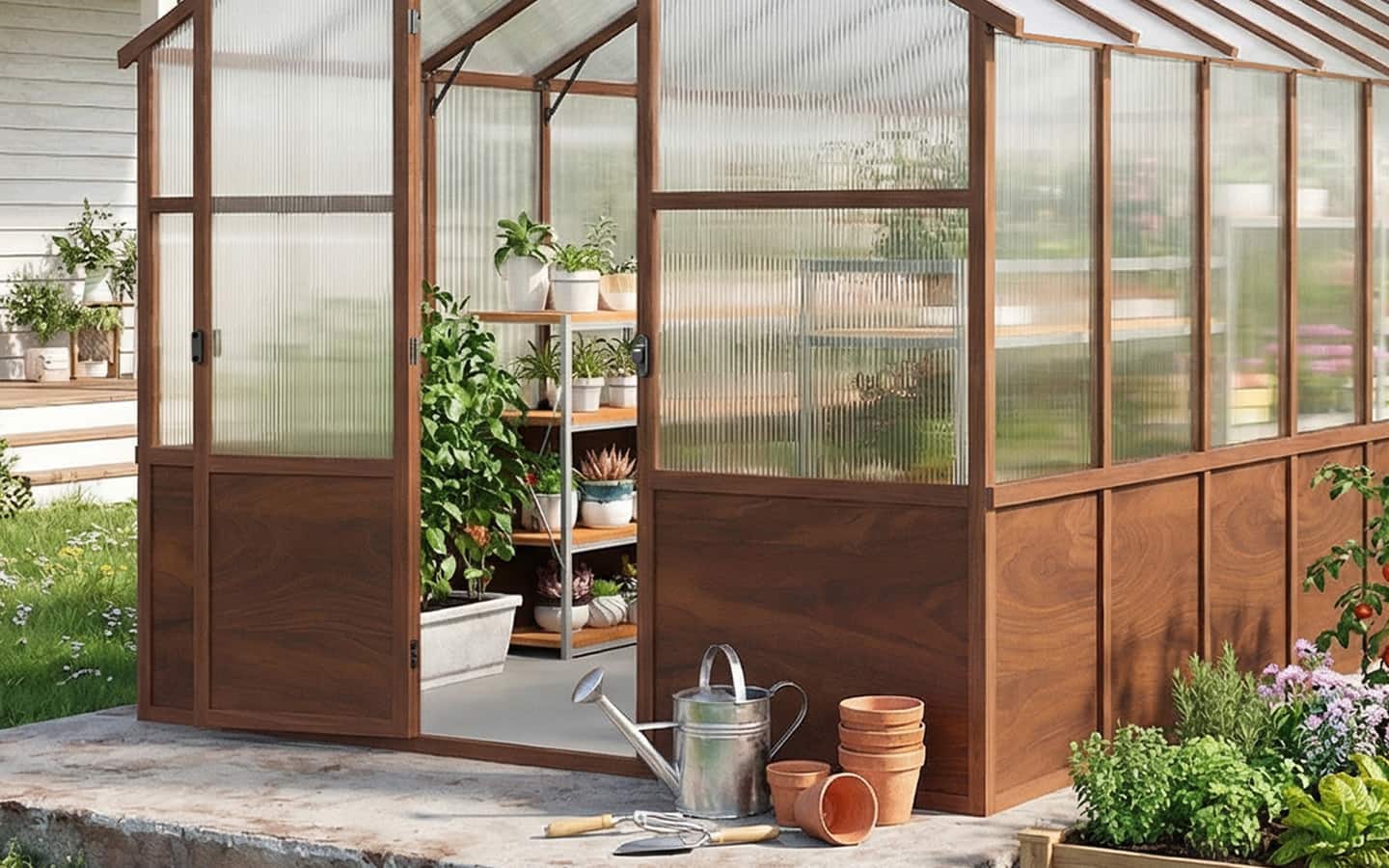A wood frame home greenhouse with polycarbonate panels on a concrete pad