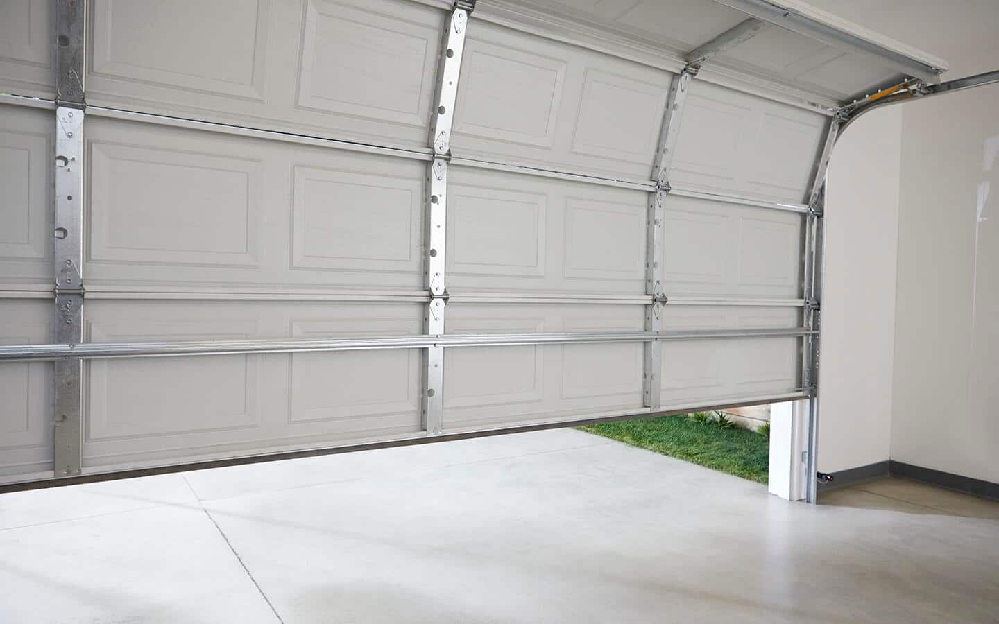 A partially open garage door