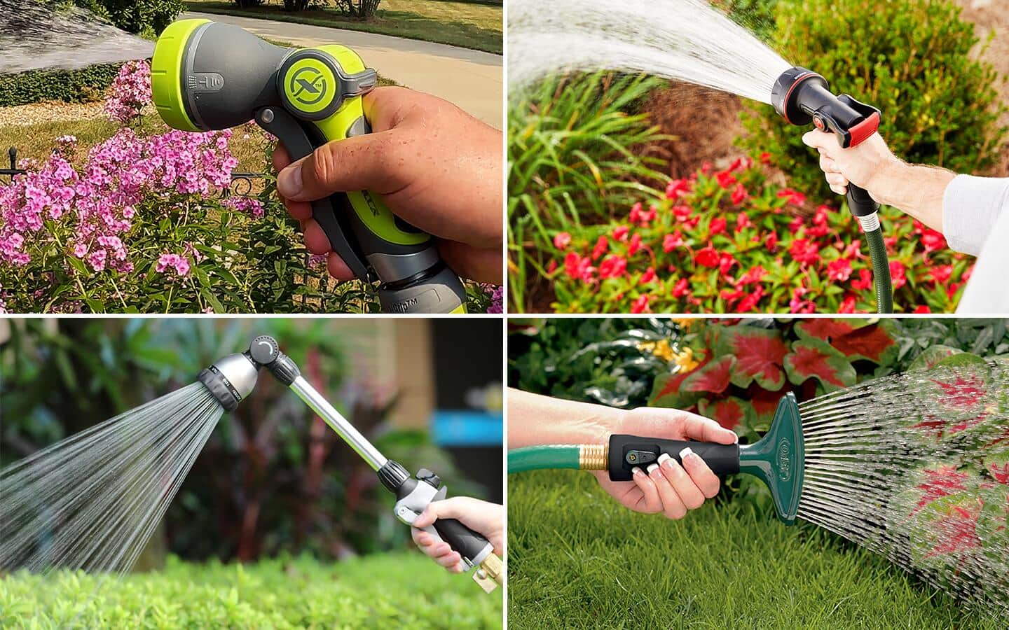 Four watering nozzle types, including a fan style, pistol grip, fireman style and watering wand.