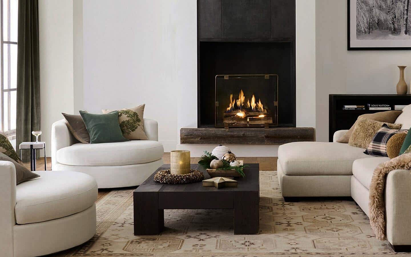 A fireplace surrounded by a black accent feature in a living room.
