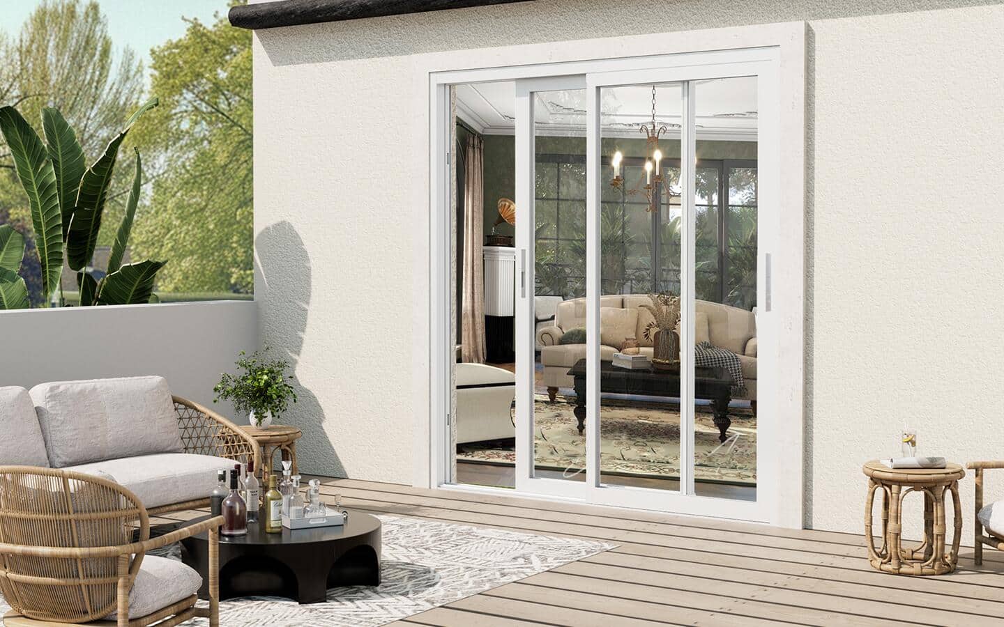 A white sliding door leads from the dining room to the deck.