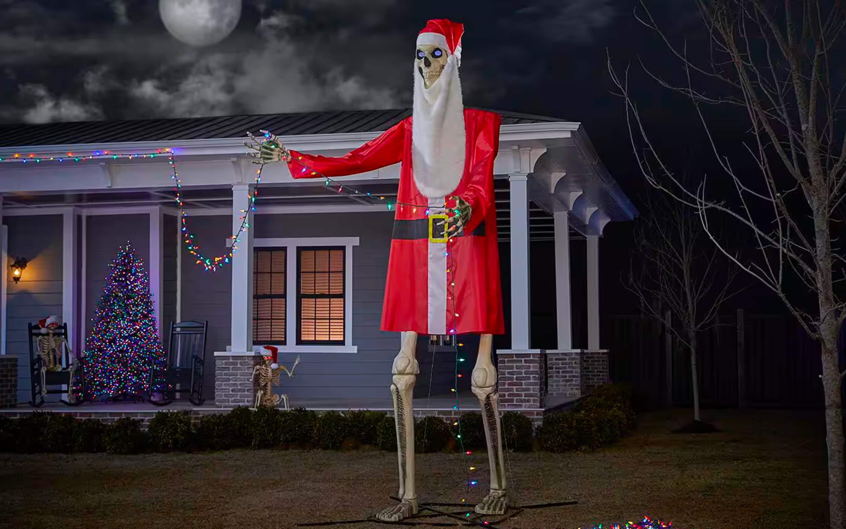 A 12-foot skeleton dressed up in a Santa costume.