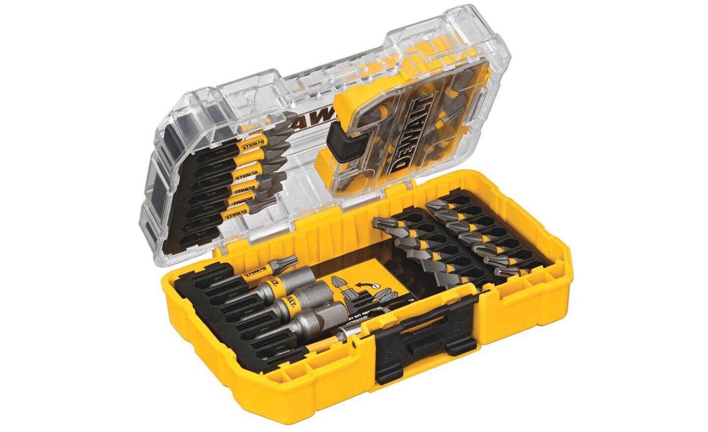 An opened yellow case shows drill bits stored inside.