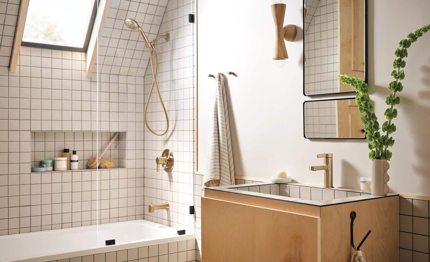 A tiled shower and bathtub combination.