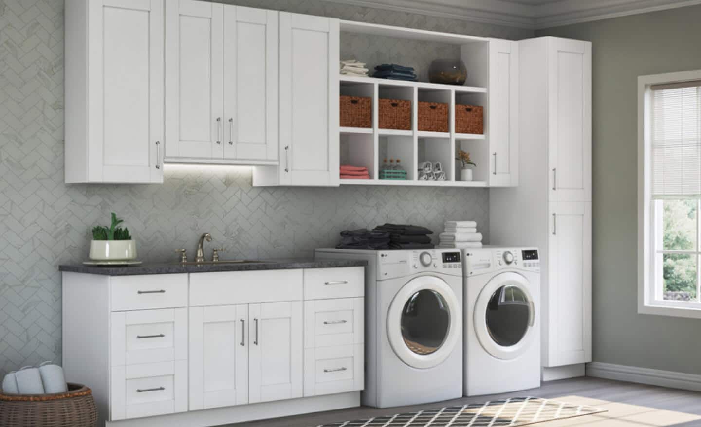 A bathroom renovated to include more space for laundry machines