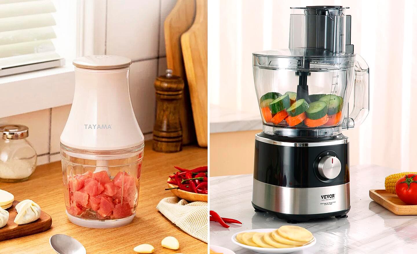 Two styles of food processors on kitchen counters