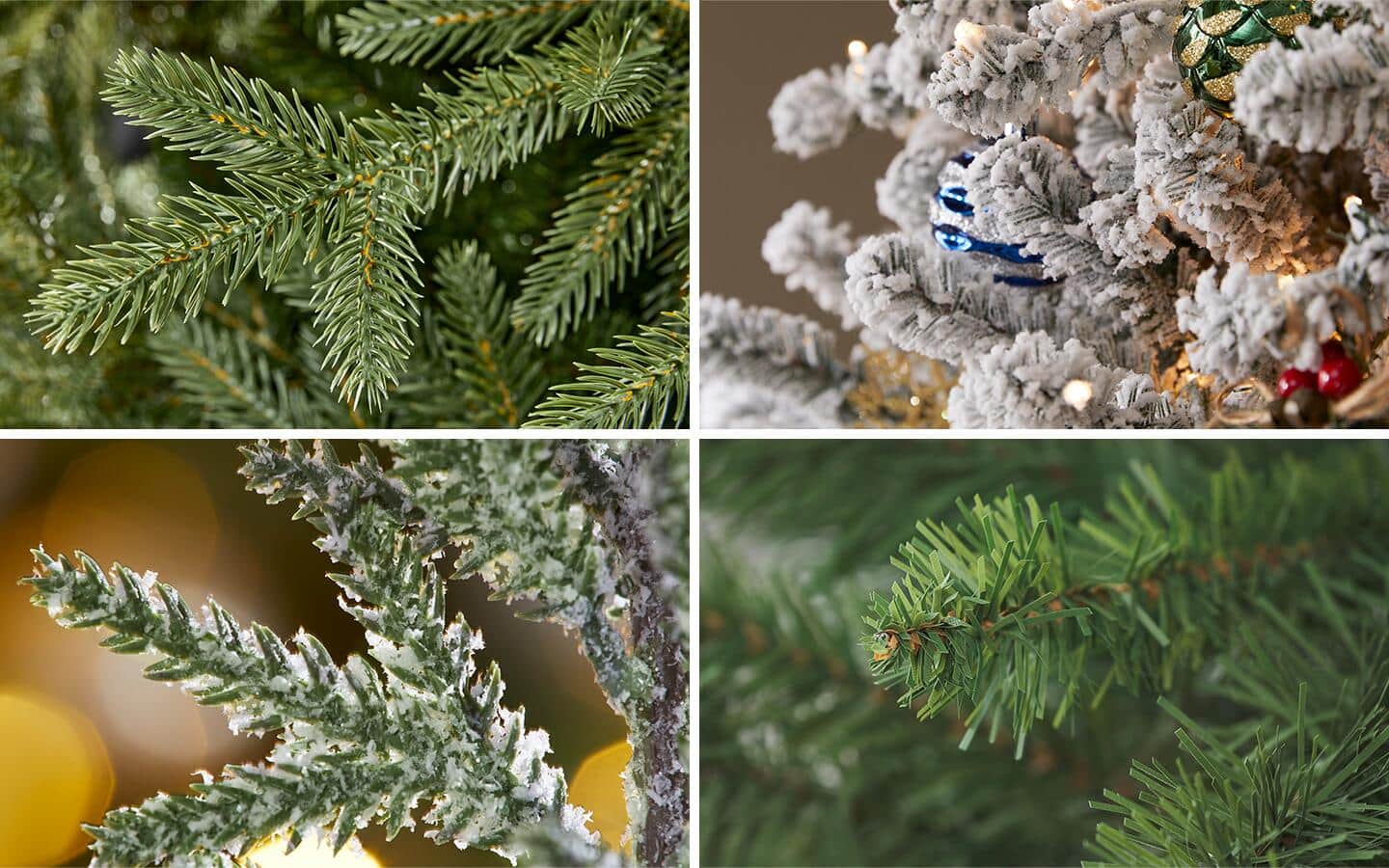 Four close-up views of different artificial Christmas tree branch types showing their materials. 