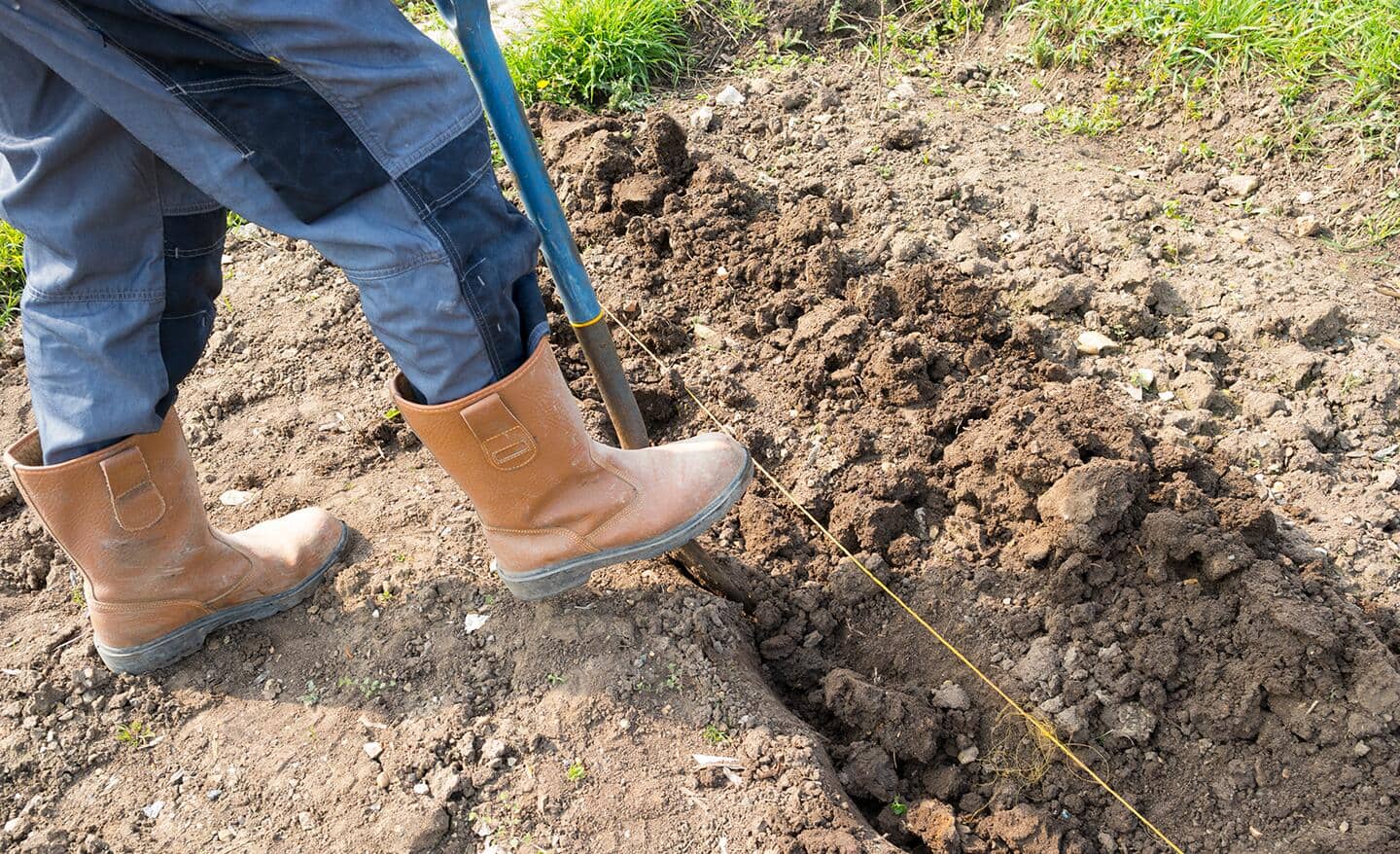 A shovel is used to dig a trench as a worker drives it into the ground with a booted foot.