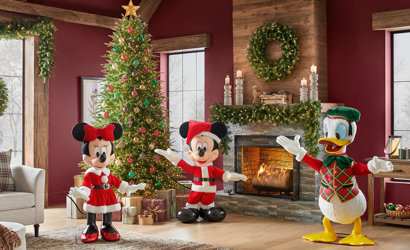 Popular Disney animatronic characters set up in a living room decorated for the holidays. Popular Disney animatronic characters set up in a living room decorated for the holidays.