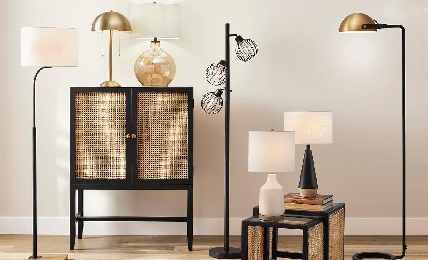 An assortment of contemporary lamps on display in a living room.