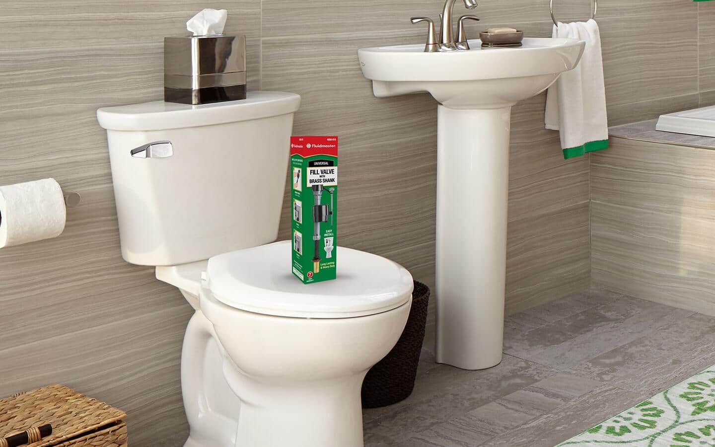 A packaged toilet fill valve on a toilet. A packaged toilet fill valve on a toilet.