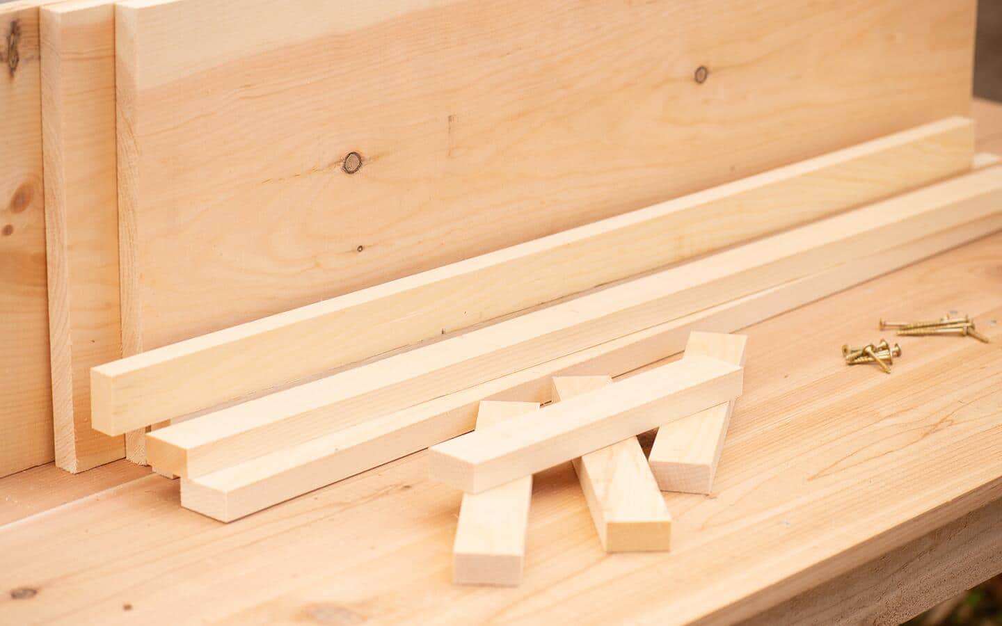 Shelving lumber and wooden trim pieces.