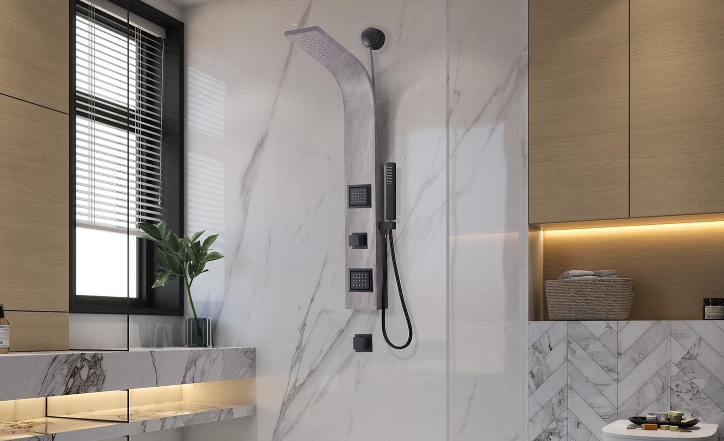 A modern, rectangular shower head. A modern, rectangular shower head.