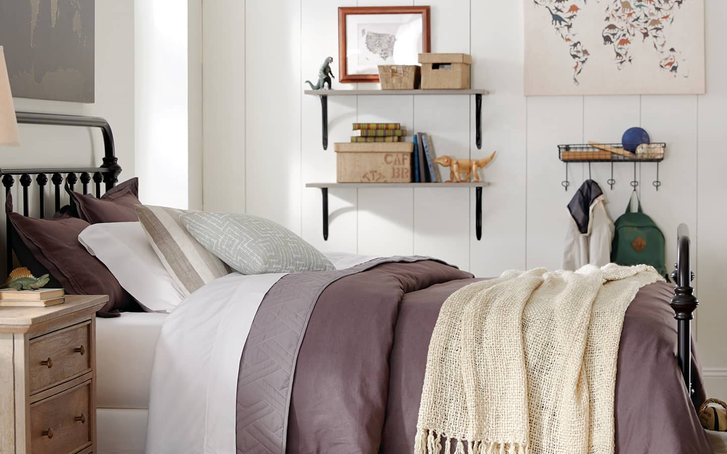 Wall shelves hanging in a bedroom