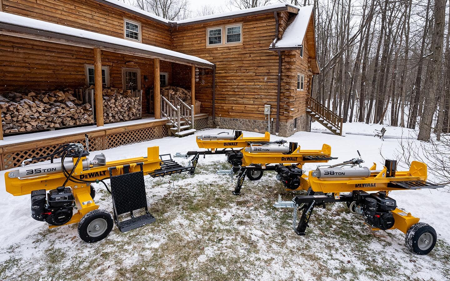 Four gas-powered hydraulic log splitters of varying tonnage Four gas-powered hydraulic log splitters of varying tonnage
