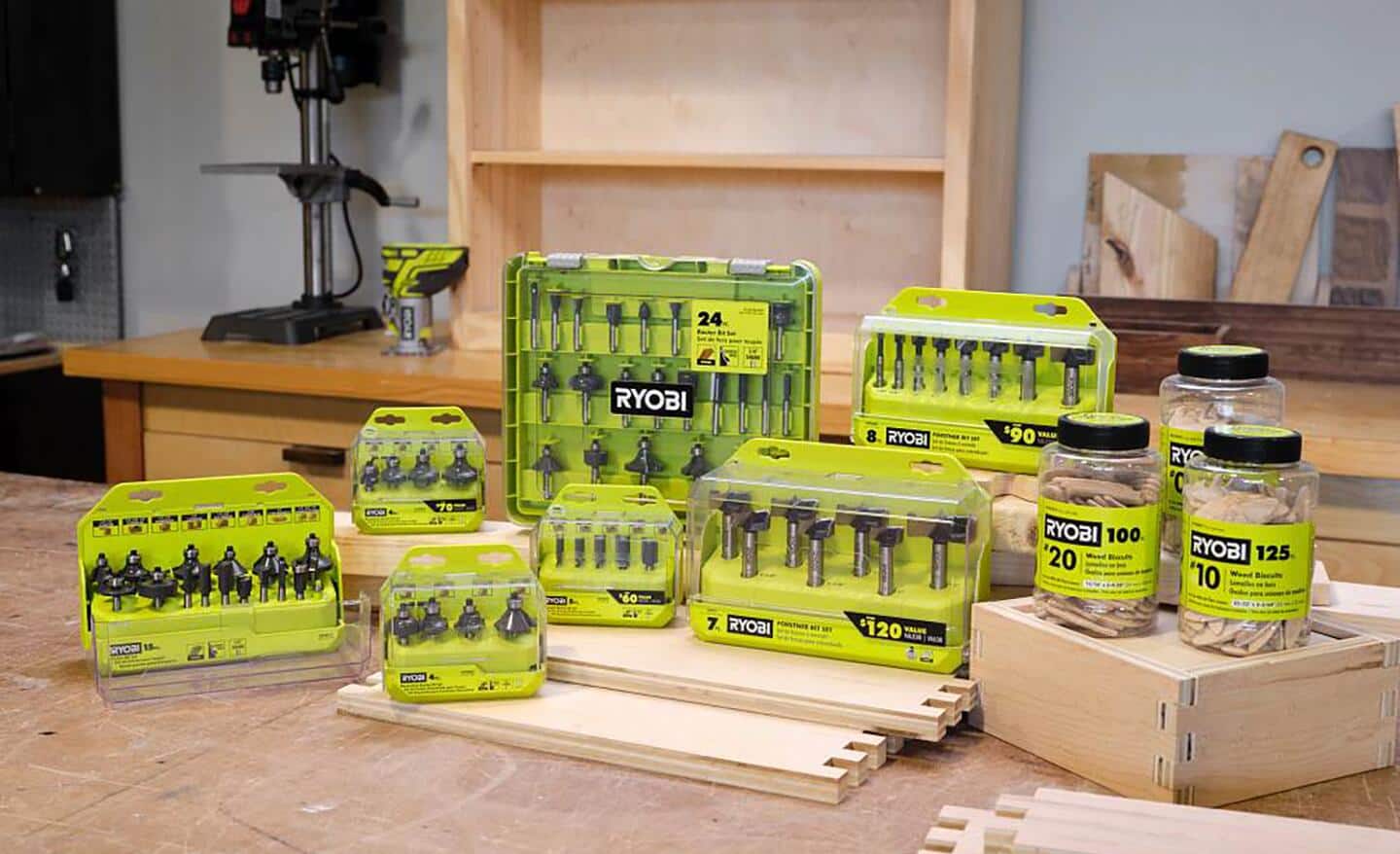 Multiple packaged router bits displayed on a counter. Multiple packaged router bits displayed on a counter.