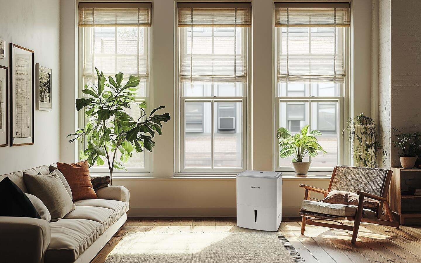 A 22-pint dehumidifier sits in a living room. A 22-pint dehumidifier sits in a living room.