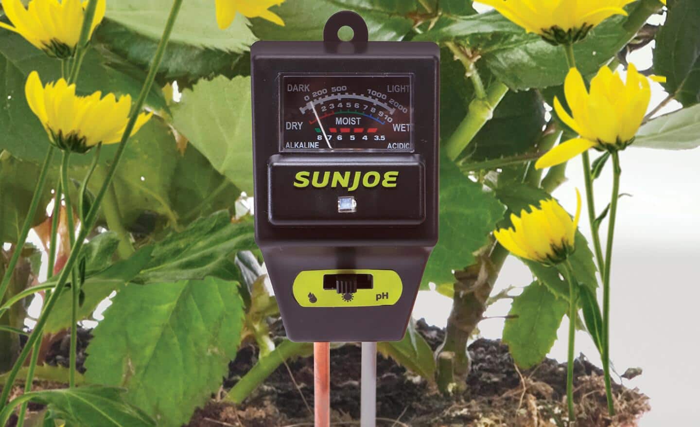 Soil test meter in a garden bed