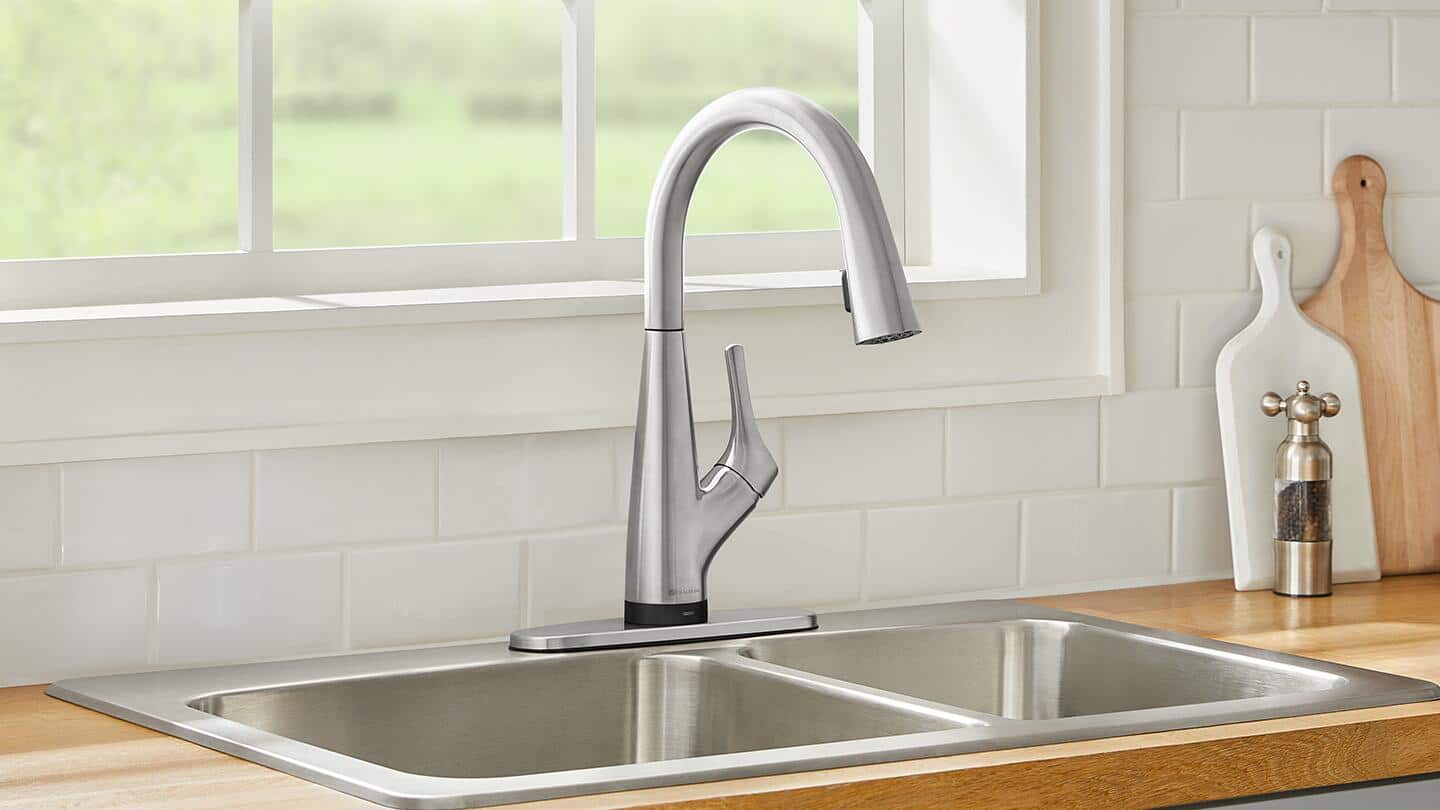 A double sink featuring a silver single handle faucet. A double sink featuring a silver single handle faucet.
